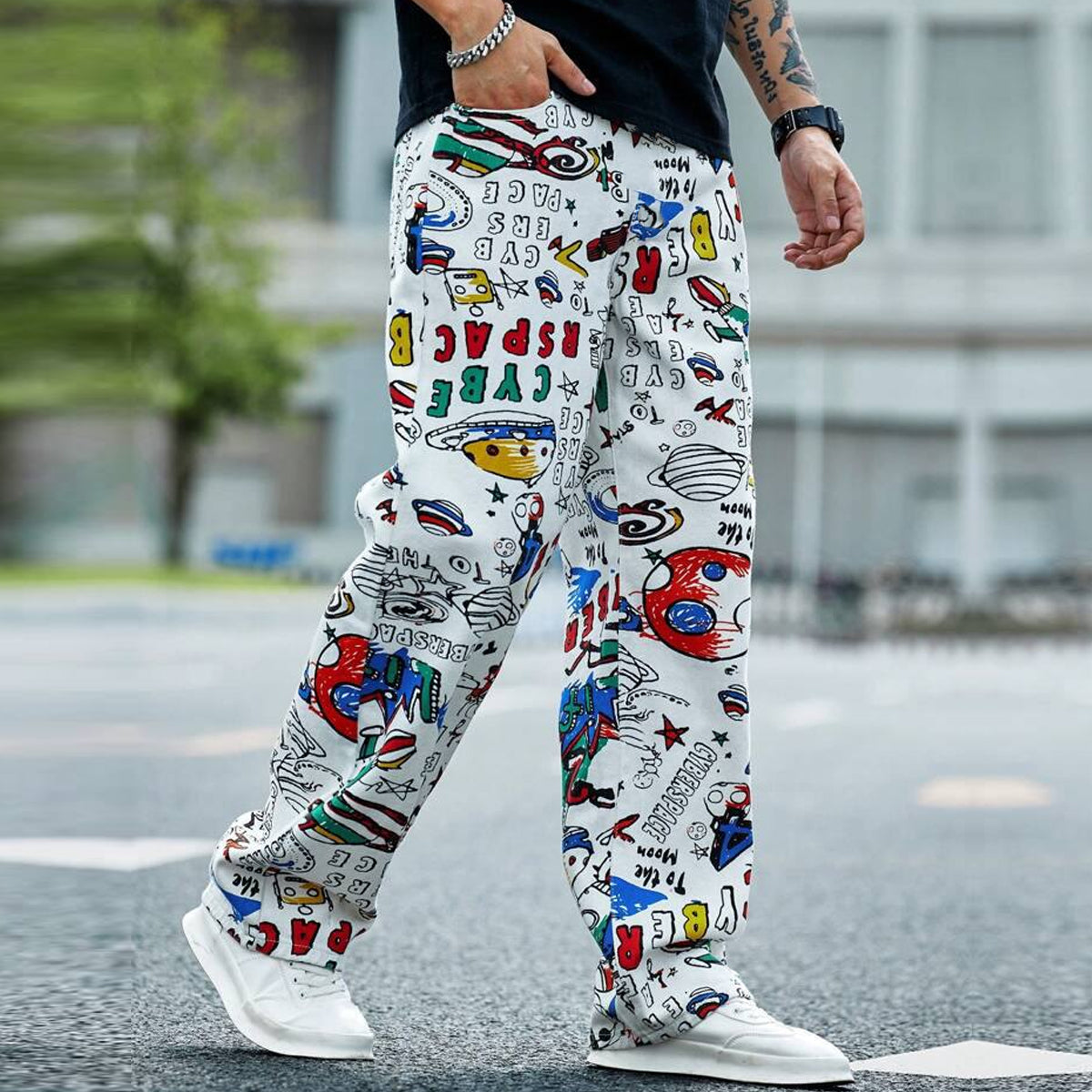 White Colorful Text  Straight Pants for Men & Women