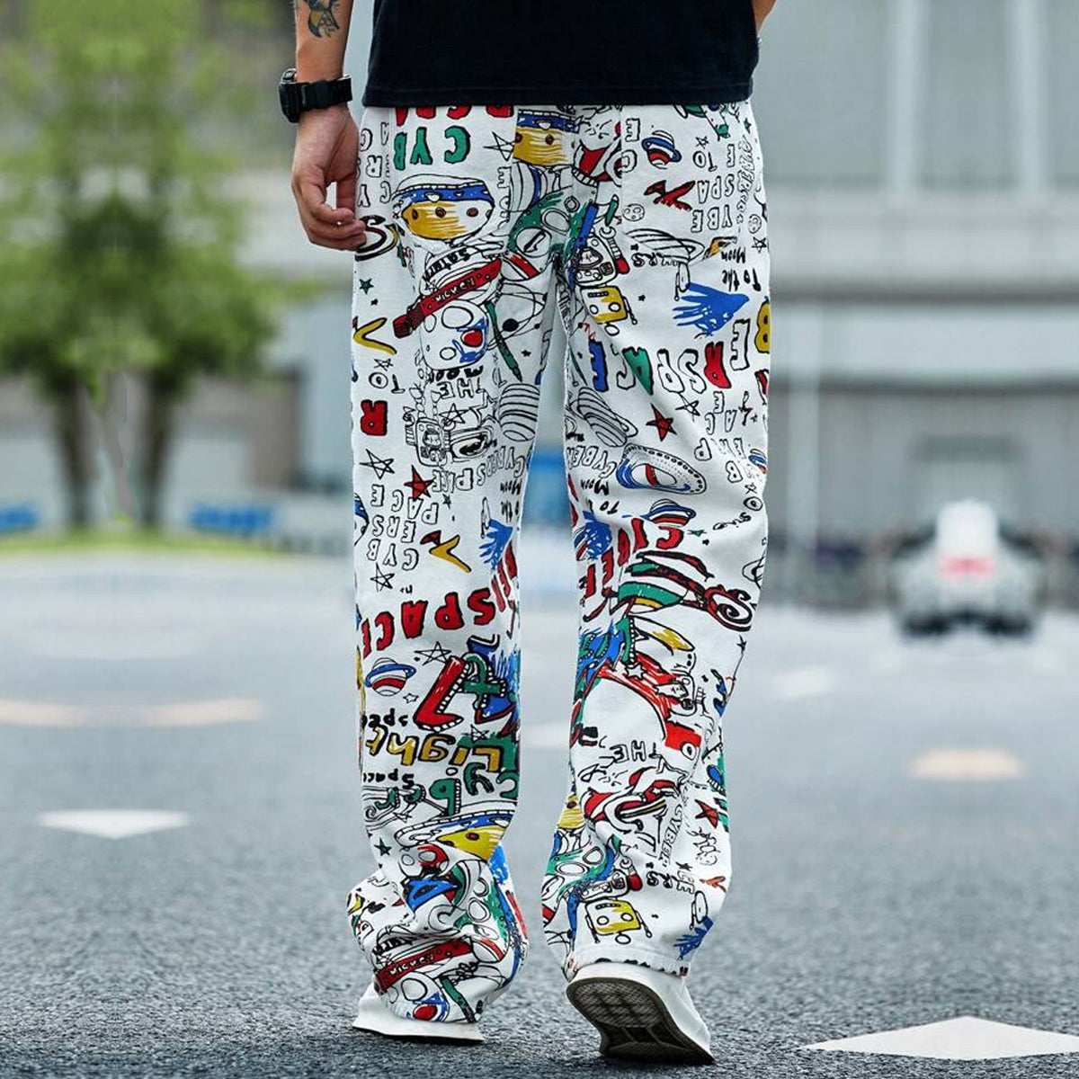 White Colorful Text  Straight Pants for Men & Women