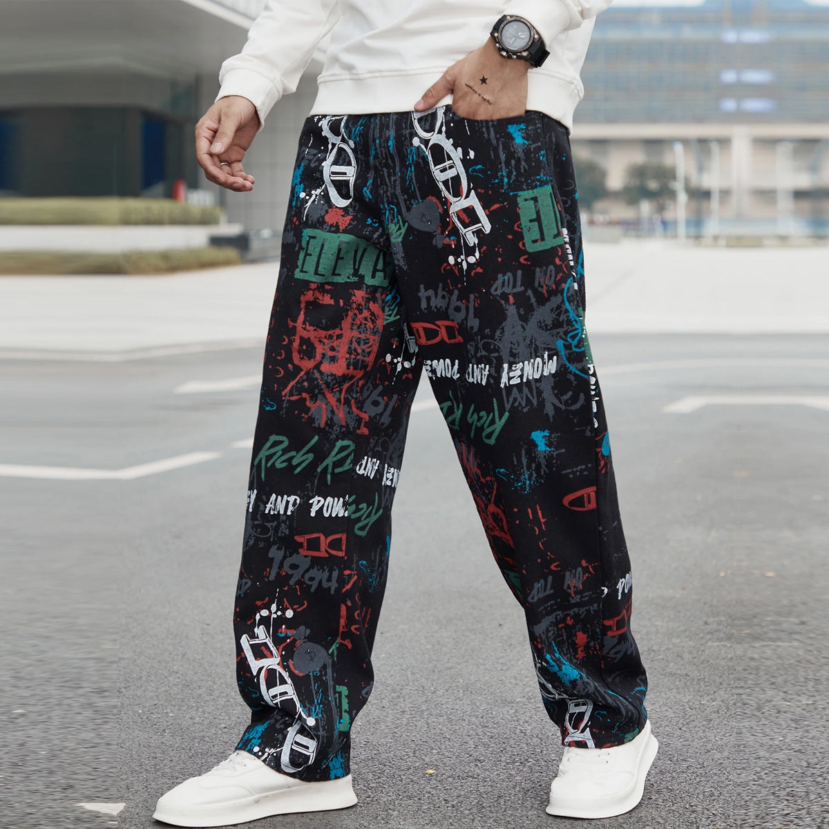 Black Text Print Straight Pants for Men & Women
