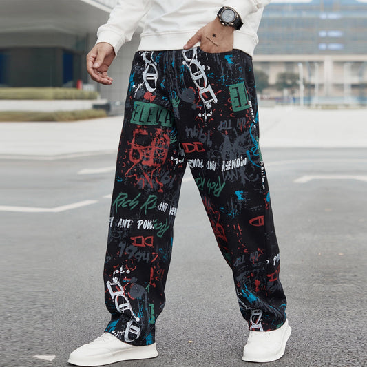 Black Text Print Straight Pants for Men & Women