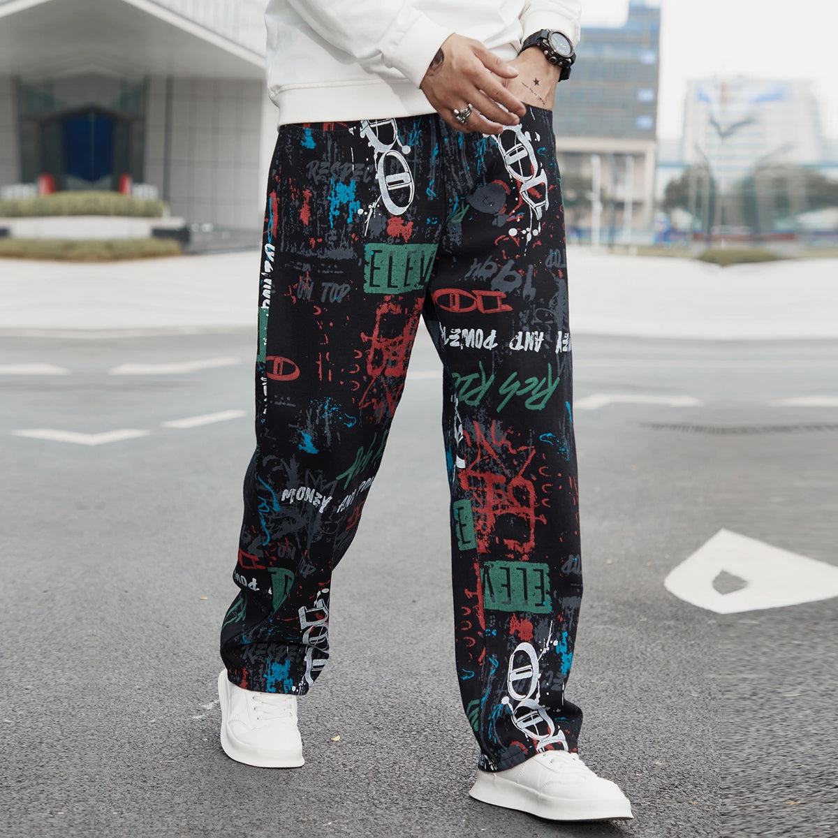 Black Text Print Straight Pants for Men & Women
