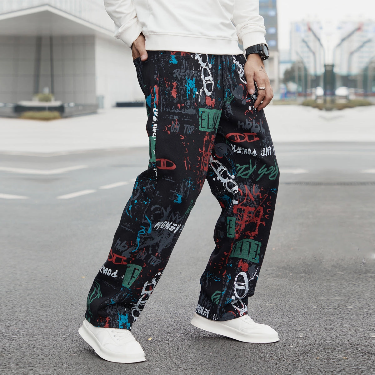 Black Text Print Straight Pants for Men & Women