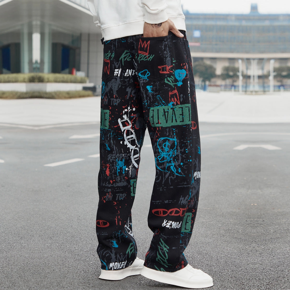Black Text Print Straight Pants for Men & Women