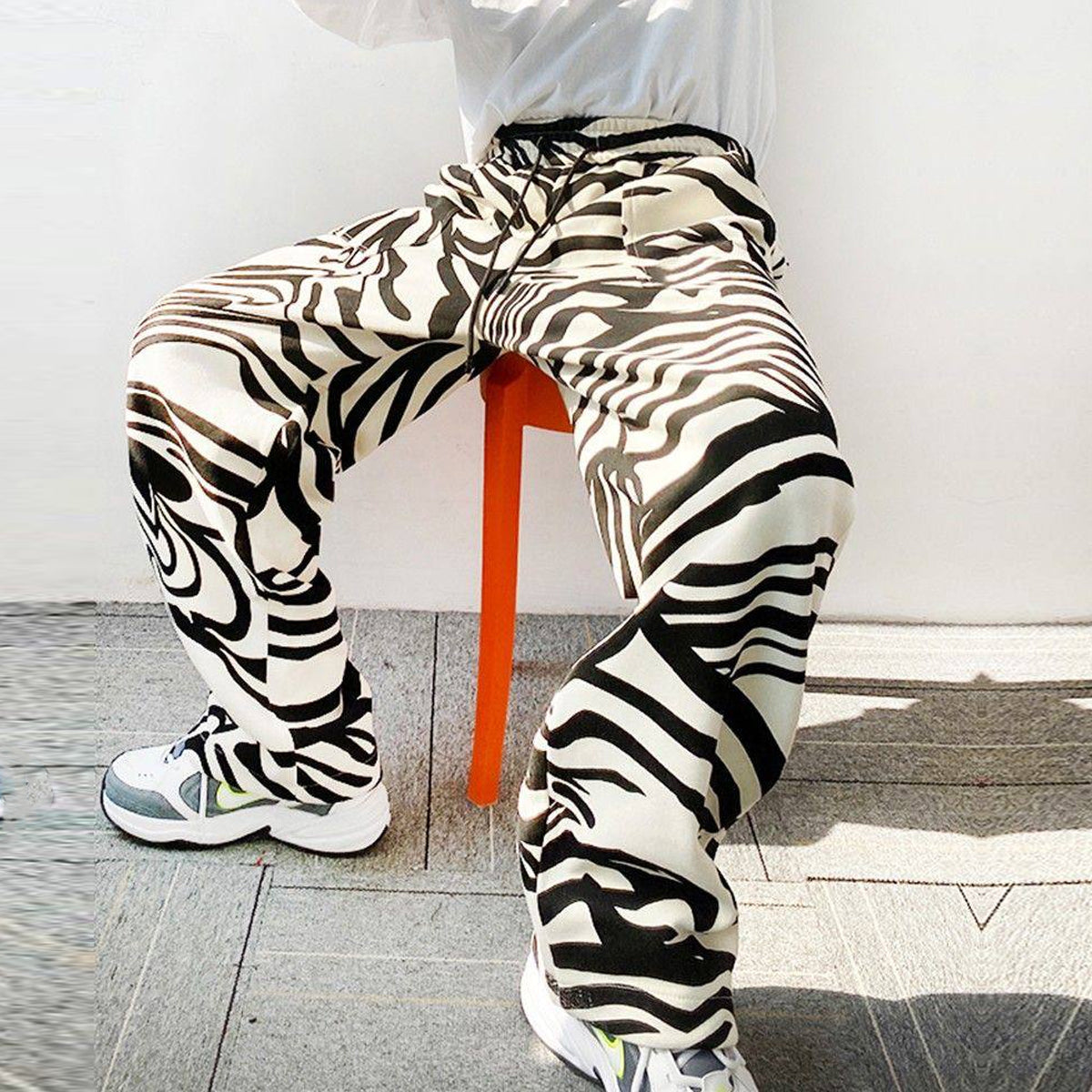 Cream Zebra Straight Relax-Fit Pants for Men & Women