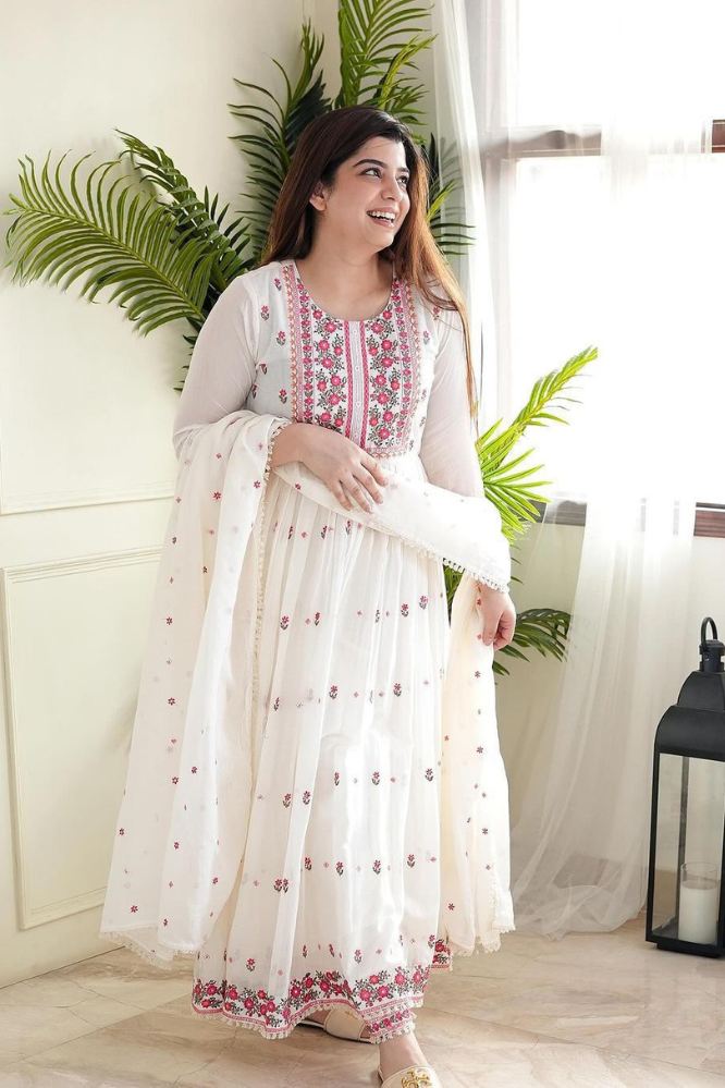 White Ryan Cotton Embroidery Work Suit for Women