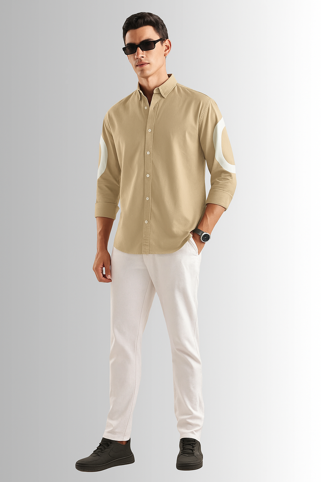 Beige color cut-pest long sleeve mens shirt