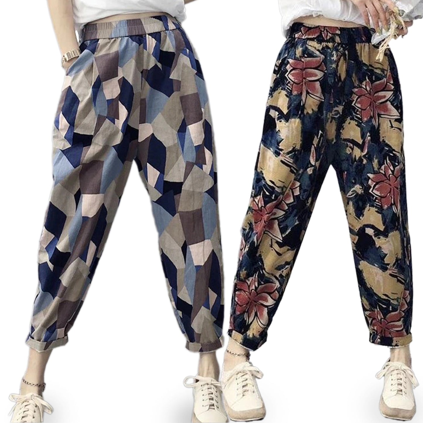 Vintage Grey Blue Trio & Ylw Blu Abstract Floral Capri Combo Pack For Womens & Girls(Pack Of 2 Pcs)