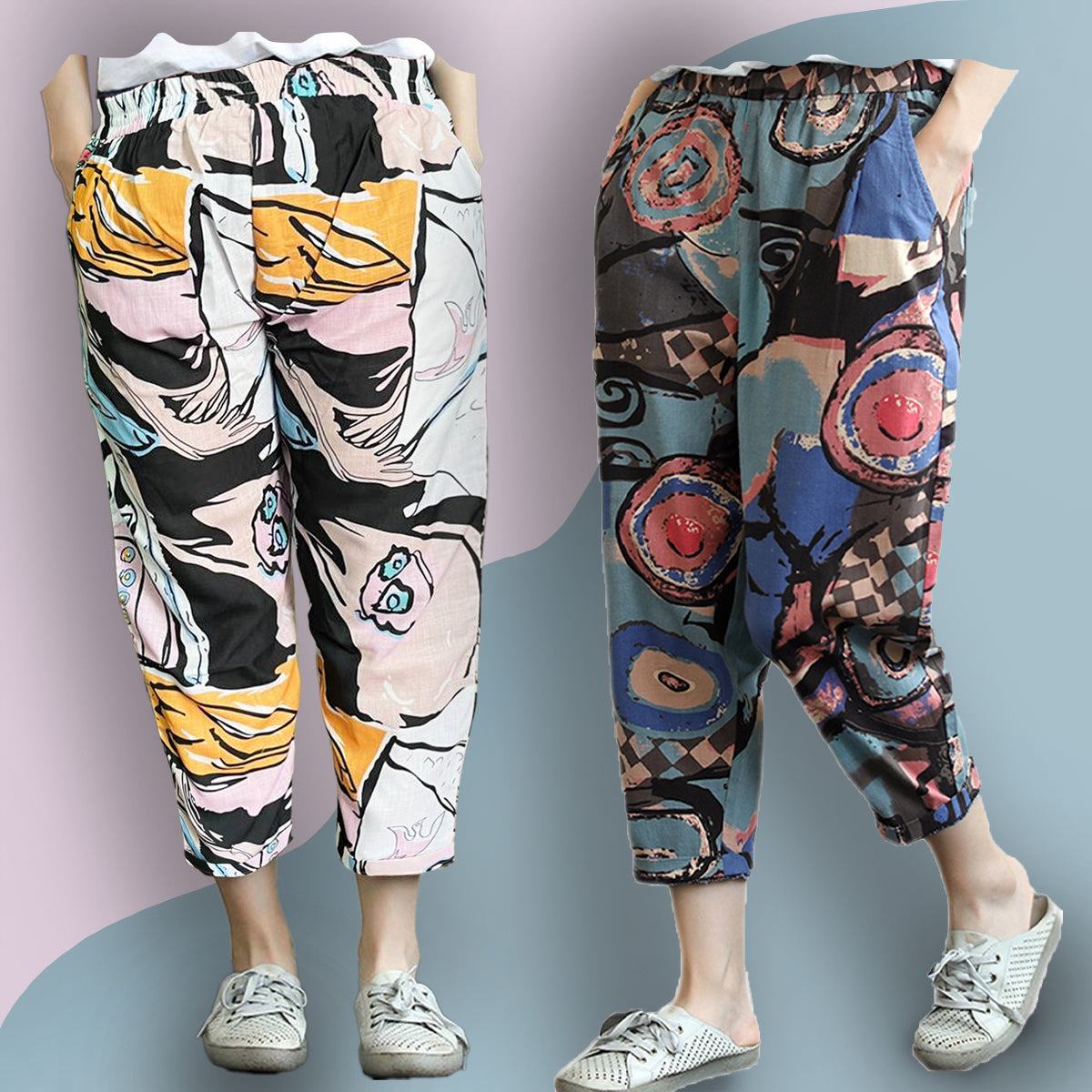 Vintage Abstract Circle & Random Graphic Capri Combo Pack For Womens & Girls(Pack Of 2 Pcs)