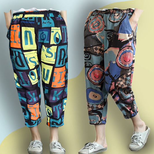 Vintage Abstract Circle & Random Alphabet Capri Combo Pack For Womens & Girls(Pack Of 2 Pcs)