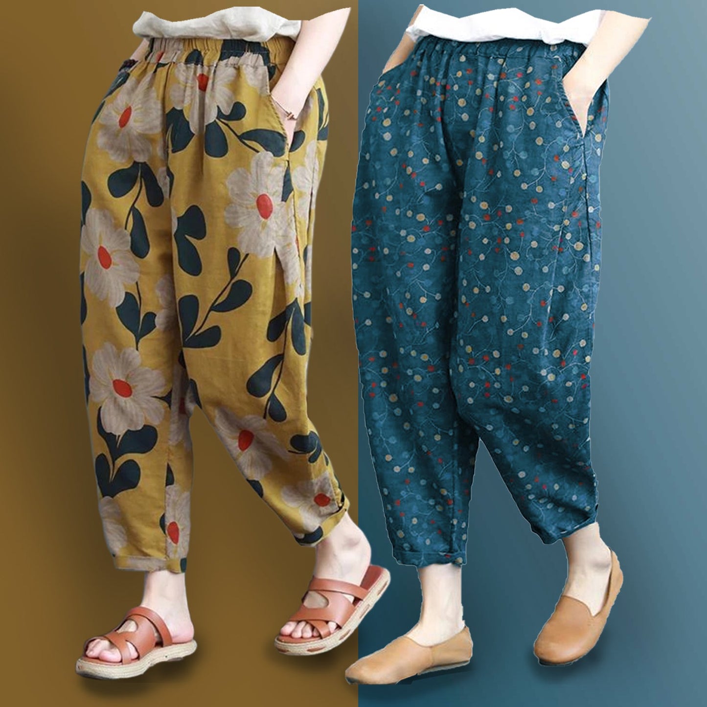 Vintage Yellow Floral & SkyBlue Pajama Capri Combo Pack For Womens & Girls(Pack Of 2 Pcs)