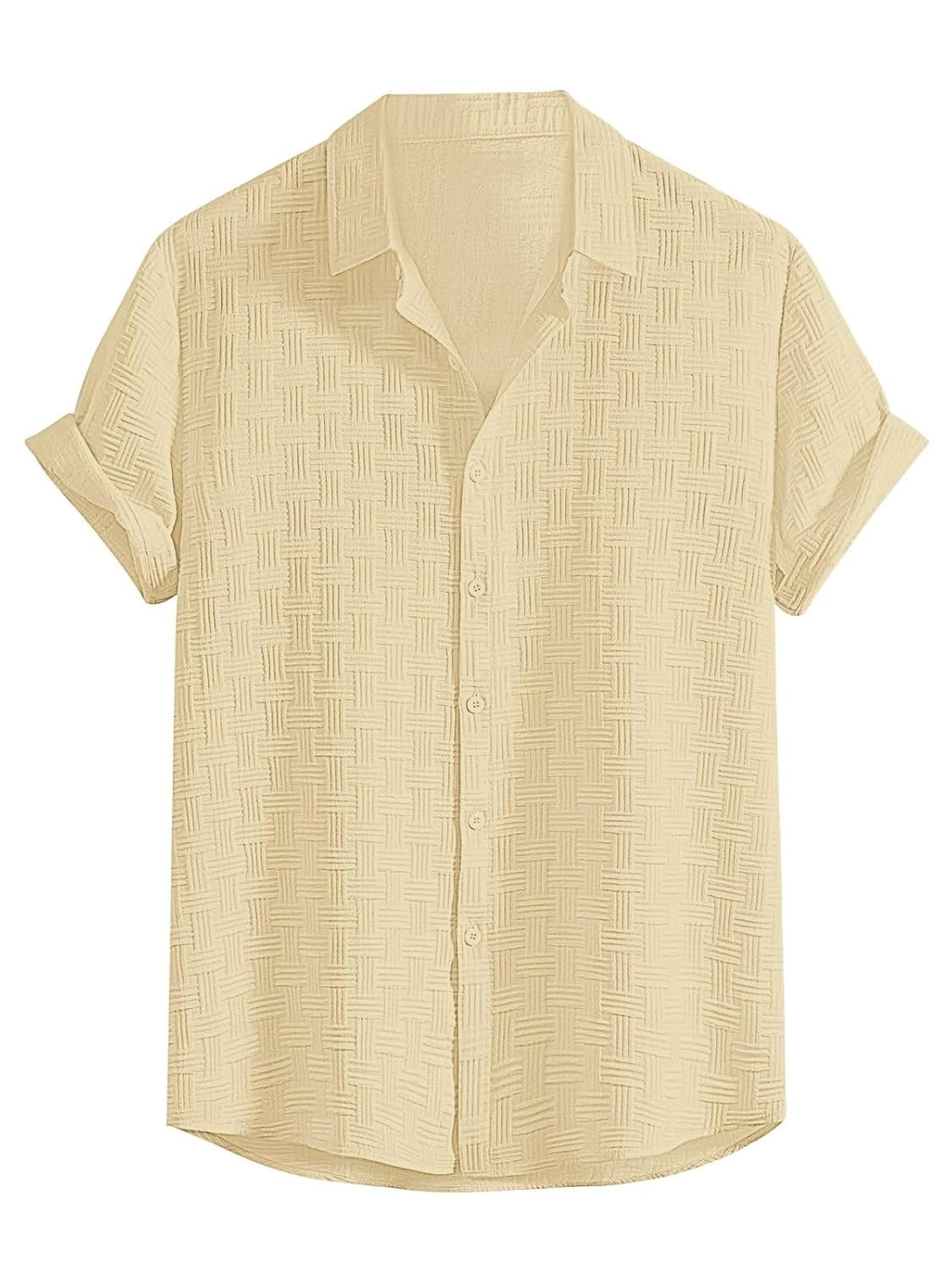 Men’s Beige Textured Short Sleeve Button-Up Shirt