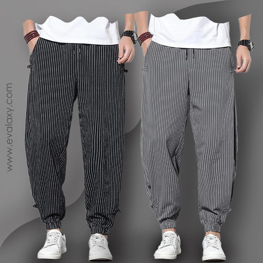Men's Pants Loose Thin Black  & Grey Striped Jogger Breathable Casual Harem Combo (Pack of 2)