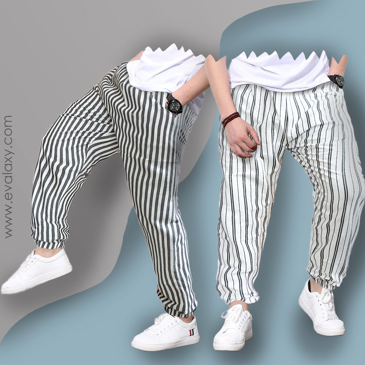 Loose Pants Grey Stripped And White Stripped Jogger Breathable Casual Harem Combo-Unisex Pants for Men and Women (Pack of 2)