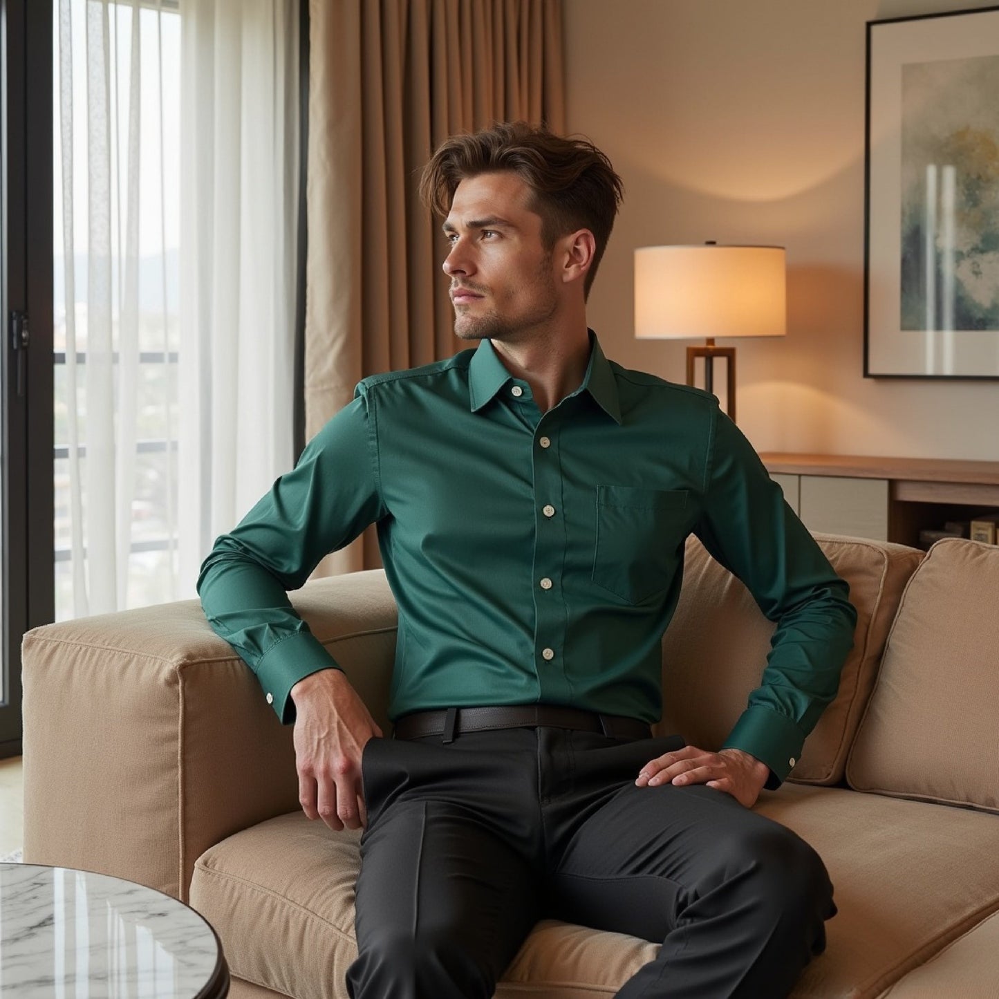 Green Color Pure Cotton Shirt For Men