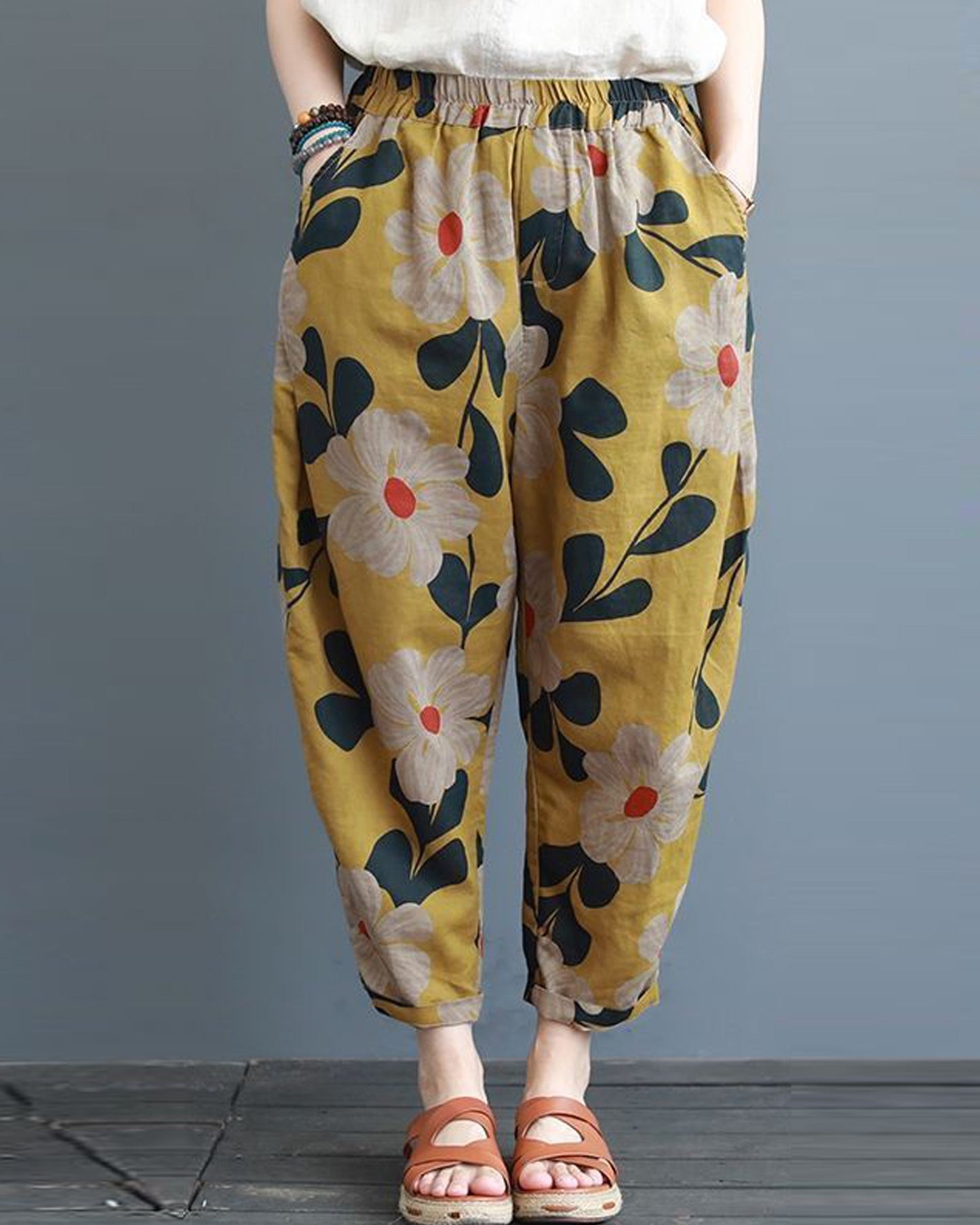 Vintage Yellow Floral & SkyBlue Pajama Capri Combo Pack For Womens & Girls(Pack Of 2 Pcs)