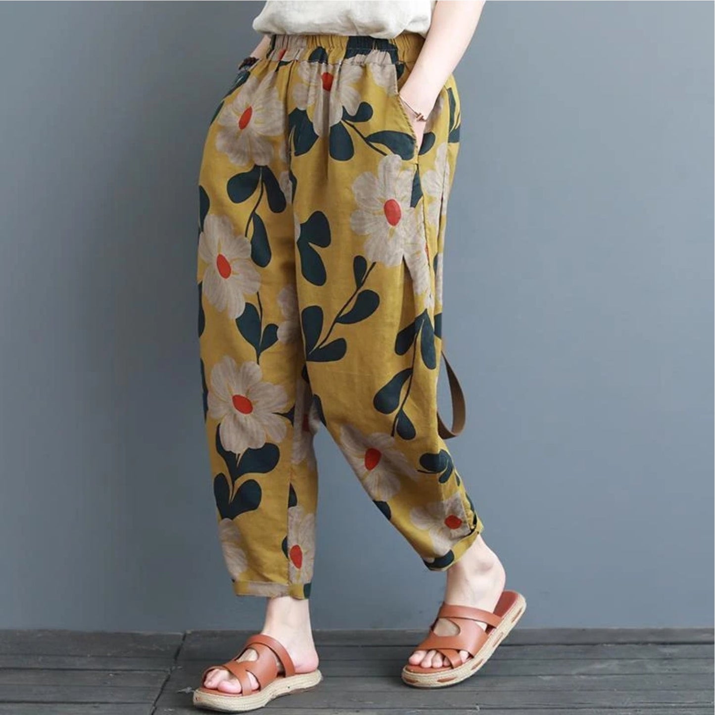 Vintage Yellow Floral & SkyBlue Pajama Capri Combo Pack For Womens & Girls(Pack Of 2 Pcs)