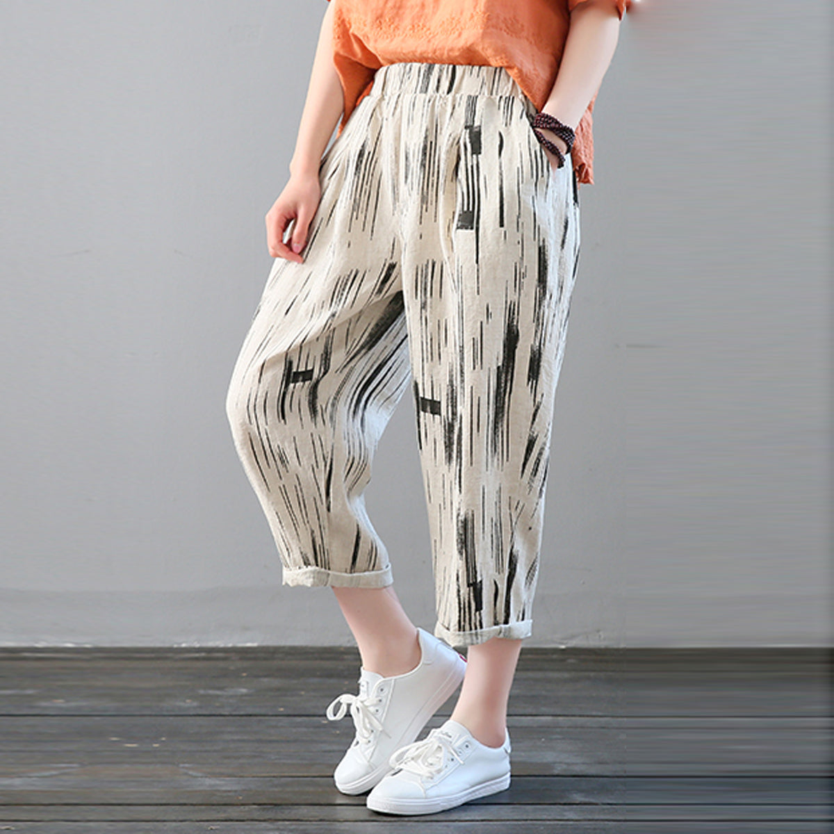 Vintage Off-White Zig Brushy Pajama Capri For Womens & Girls