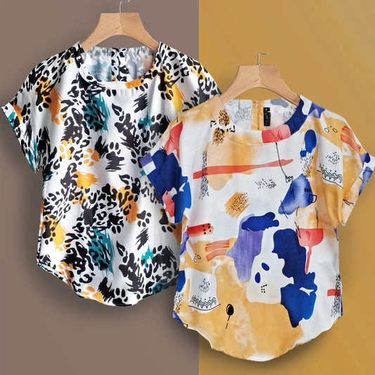 Stylish Foot Print & Splash Tops Combo For Women & Girls(Pack Of 2 Pcs)