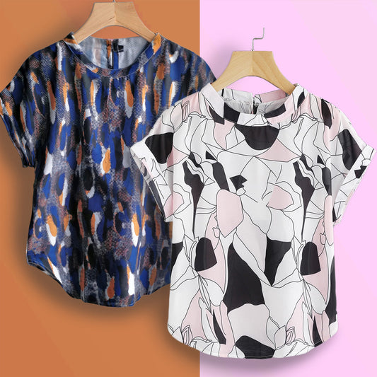 Stylish Abstract Blue & Pink Blocks Tops Combo For Women & Girls (Pack Of 2 Pcs)