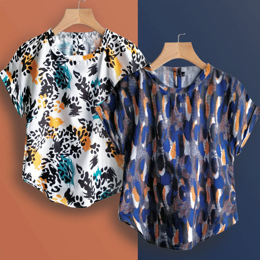 Stylish Foot Print & Abstract Blue Tops Combo For Women & Girls(Pack Of 2 Pcs)