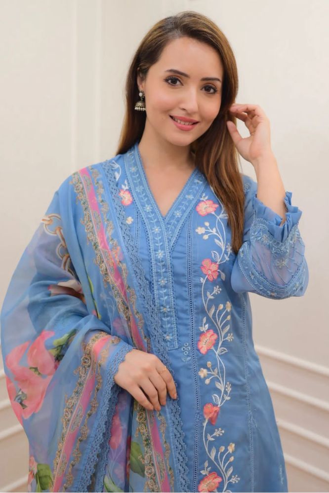 Anarkali Embroidery Dress With Digital Print Organza Floral Dupatta