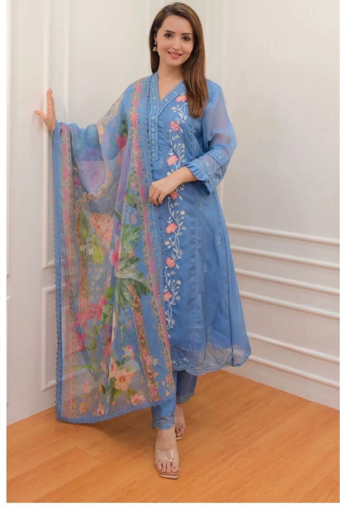 Anarkali Embroidery Dress With Digital Print Organza Floral Dupatta