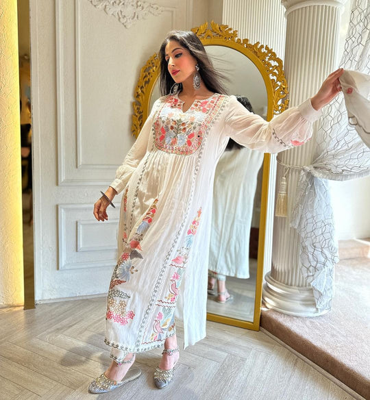 White Georgette Mirror Hand Work pakistani Kurta Set