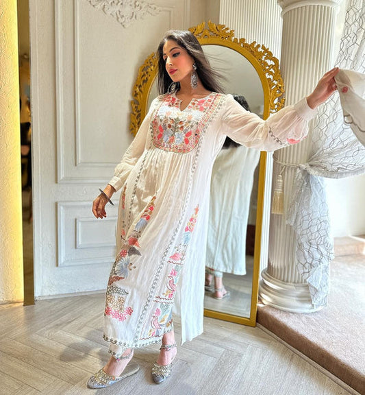 White Georgette Mirror Hand Work pakistani Kurta Set