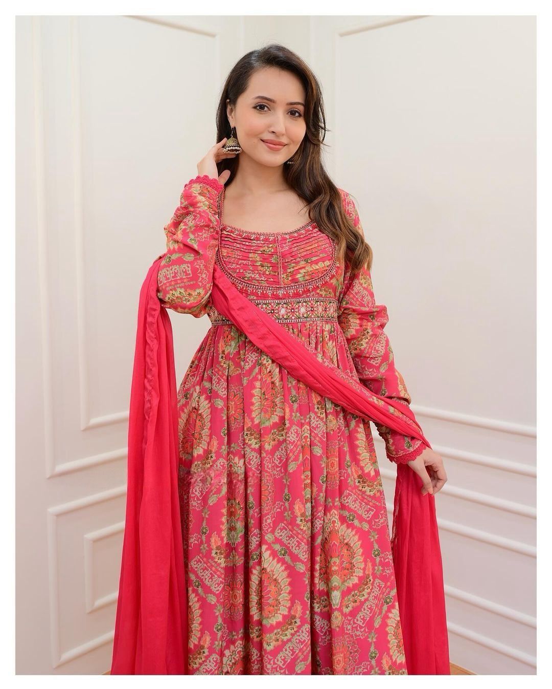Pink Anarkali suit set with mirror work