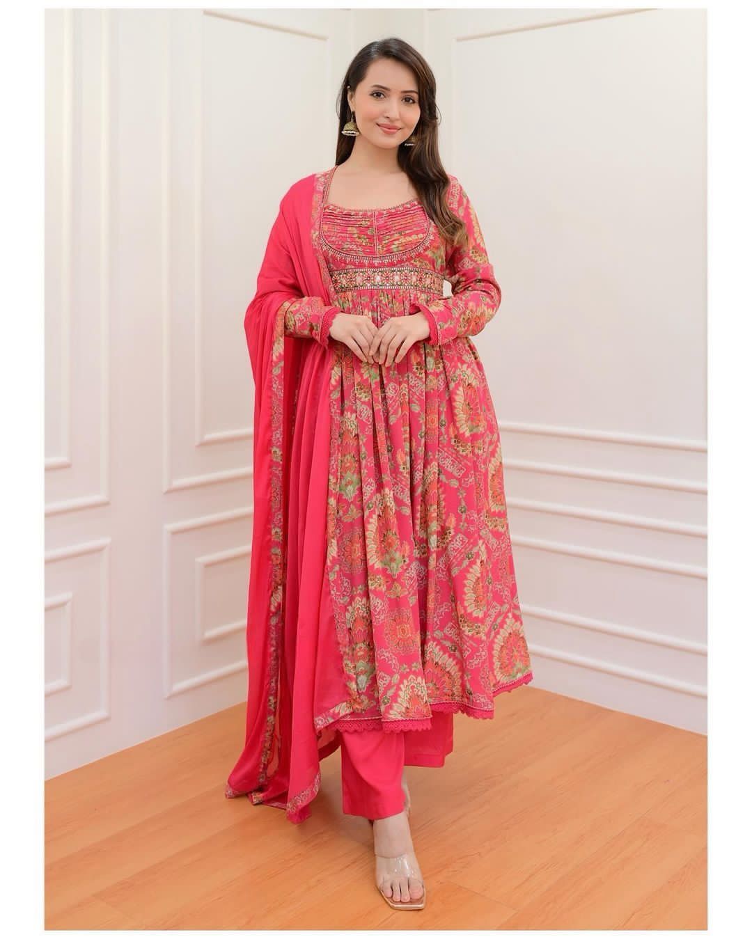 Pink Anarkali suit set with mirror work