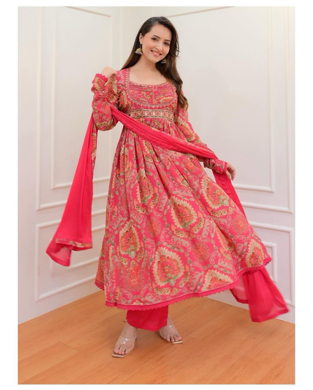 Pink Anarkali suit set with mirror work