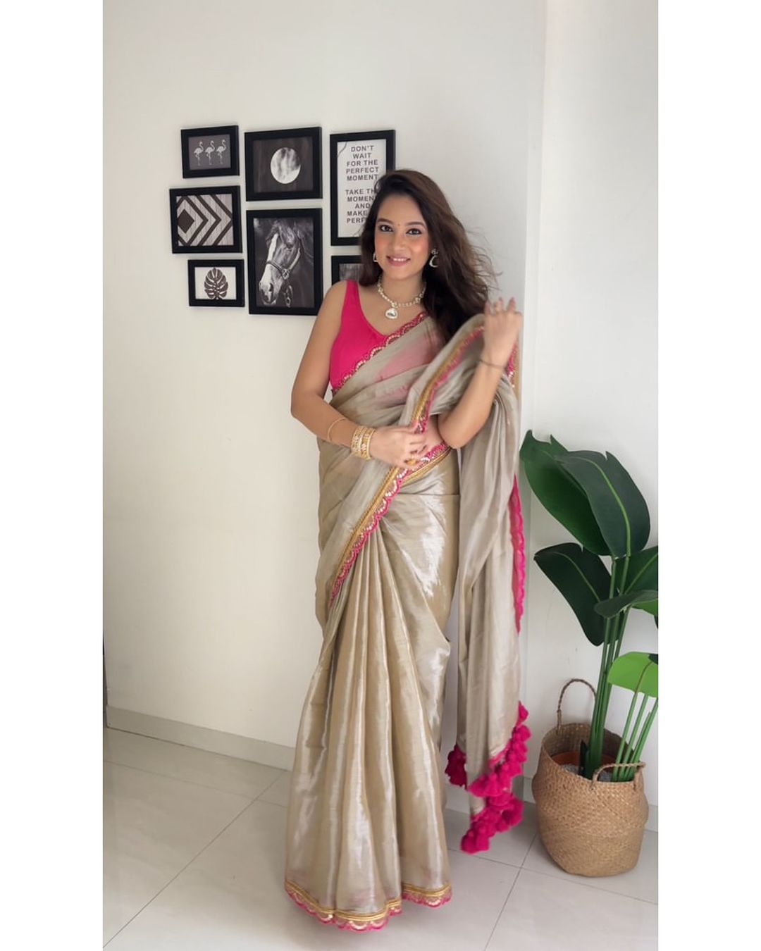 Gold and Pink Pure Crushed Tissue Silk Saree