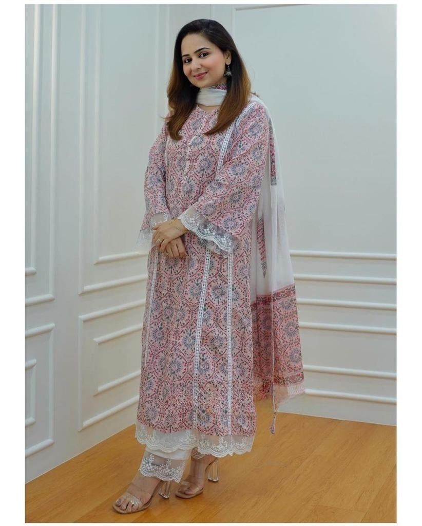 Pakistani A-line cotton suit kurta set with dupatta
